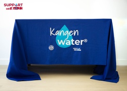 Blue fabric tablecloth with Kangen Water screen-printed logo.